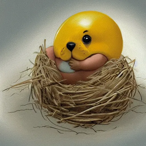 Image similar to concept art of a baby corgi emerging from an egg in a nest, anne geddes