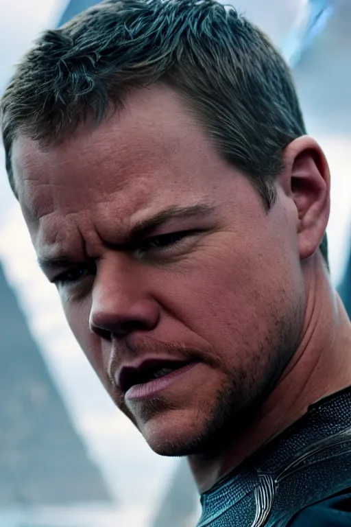 Image similar to portrait of Matt Damon in the Black Panther, close-up, sigma male, rule of thirds, award winning photo, highly detailed features, raining, ethereal lighting, Egypt Pyramid setting,