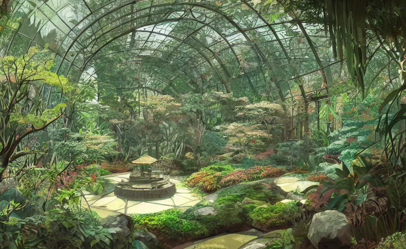 Image similar to japanese garden, forest, jungle, huge greenhouse, sunny bay window, indoor, architecture, highly detailed, digital painting, artstation, art nouveau, concept art, sharp focus, illustration