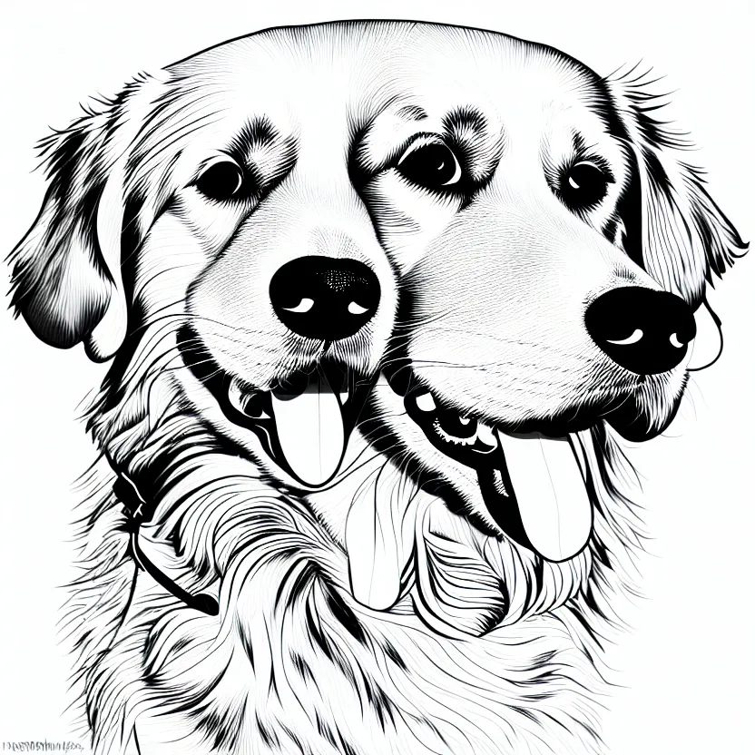 Image similar to full golden retriever portrait, white background, line art cartoon