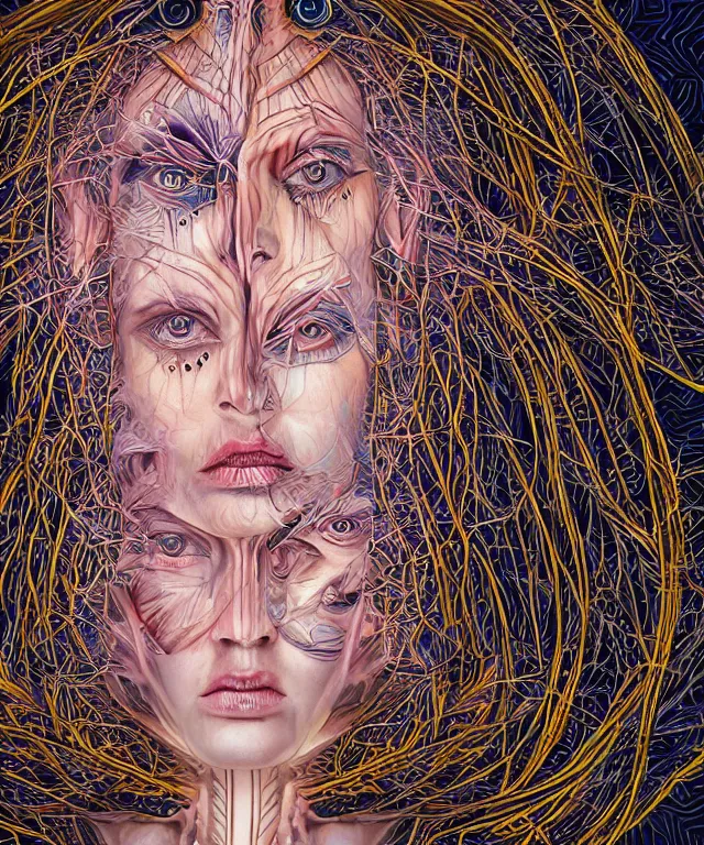 Prompt: An epic photo illustration of female symmetrical portrait by Michael Sydney Moore, Alex Grey, hyper detailed, 50mm, award winning photography