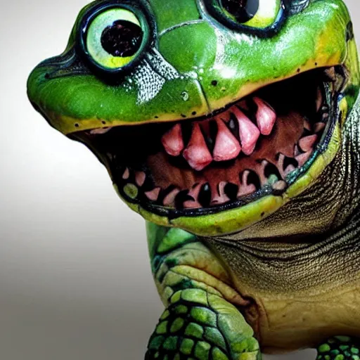 Image similar to photo of a nightmare turtle with an evil grin and large eyes, nightmare fuel, creepy