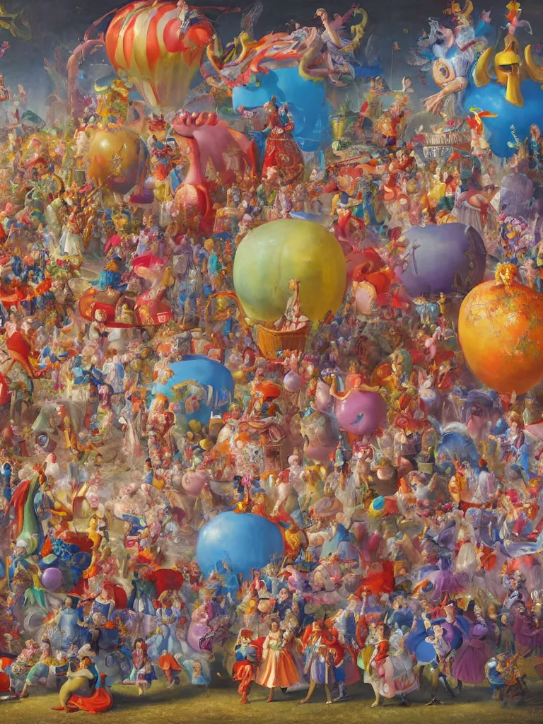 Image similar to a beautiful painting of a carnival with enormous balloon monsters, by jonas burgert, fallas party figures, realistic colors