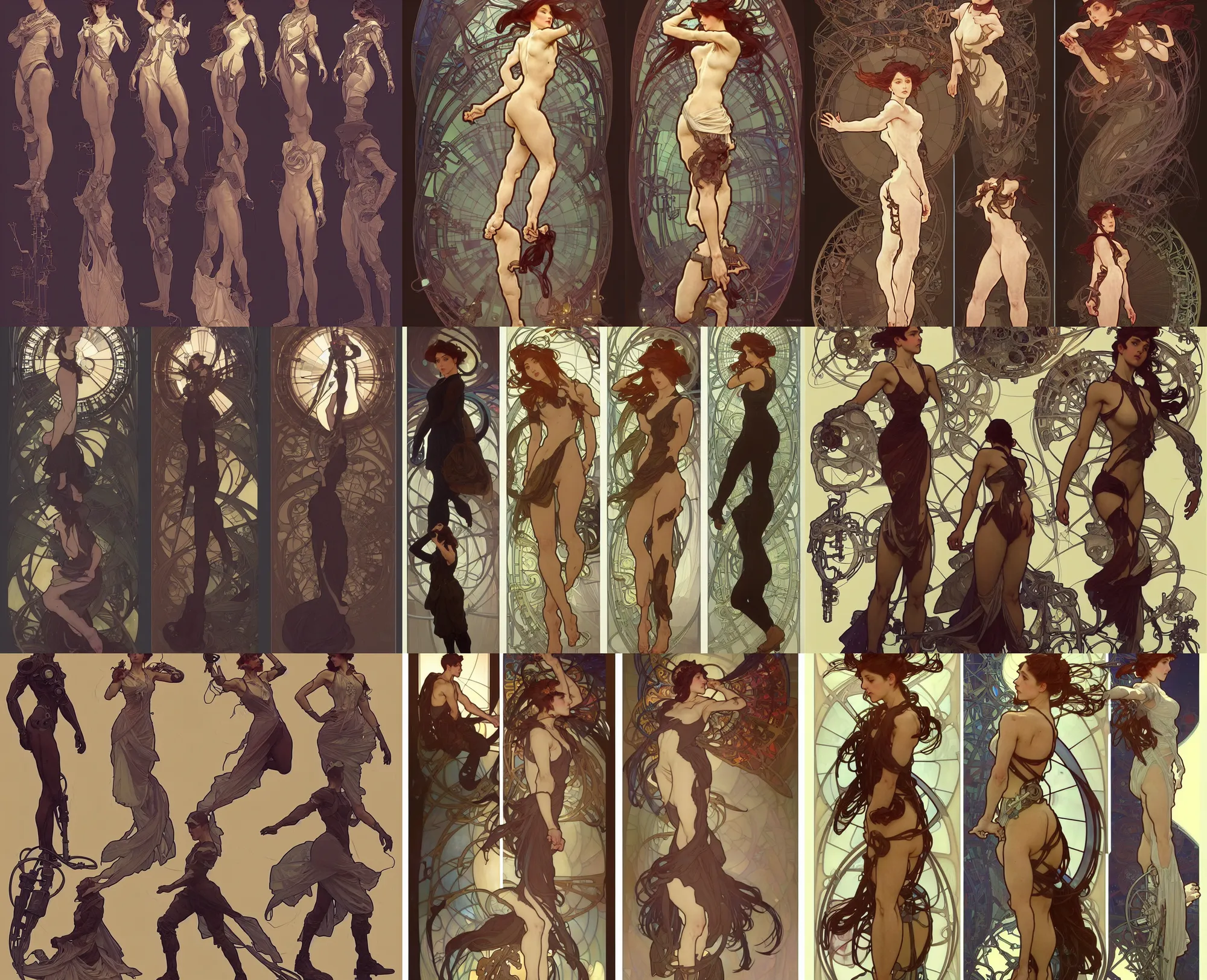 Prompt: a digital three - view concept art by artgerm and greg rutkowski and alphonse mucha. full body!! t pose!! clear portrait of a lonely attractive machinist in uniform!! future factory, sci - fi repair tools, light effect. hyper detailed, character concept, glowing lights!! intricate, elegant, digital painting, artstation, smooth, sharp focus