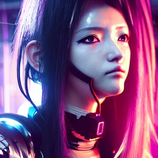 Prompt: An epic comic hyperrealistic portrait anime cg of a cyber warrrior girl wearing futuristic wardrobe, black and reddis, ultradetailed face expression trending on artstation and artbreeder, cyberpunk 2077 color, heavy rainning at tokyo street night, neon ligh, DAZ, 8k, unreal 5 engine render, cosplay, RPG portrait, final fantasy Vll world concept, dramatic lighting, rim lights, PS5 render quality