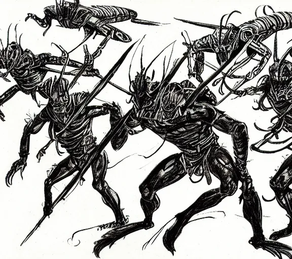 Image similar to four medeival adventurers flee, a group of mantis men, pen and ink, by frank Frazetta