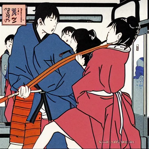 Image similar to Japanese schoolgirl runs away from Samurai with a katana on the subway by Toshio Saeki