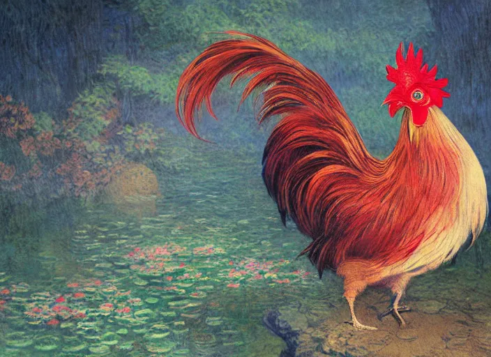 Image similar to a gorgeous paradise rooster japanese art is looking at a bird, ethereal, horror, fantasy art by greg rutkowski and magali villeneuve and claude monet