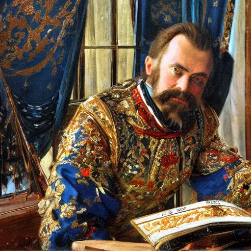 Prompt: russian tsar Peter The Great 18th century reinstalls windows 95 by vasnetsov and surikov serov, JEAN-VICTOR BERTIN, by Terence Cuneo, detailed, artfully traced, 4k resolution, cinematic, dramatic