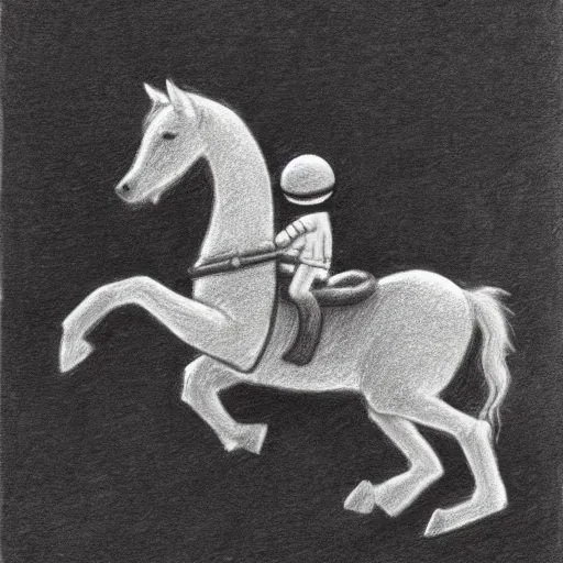 Image similar to Pencil drawing of a spaceman riding a pony at the moon