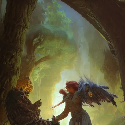 Image similar to Magic The Gathering art action shot of goblin scientist fighting an owl bear, drawn by Donato Giancola and Tom Bagshaw, Edmund Leighton, Alphonse Mucha, 4k, volumetric lighting, komorebi, intense battle scene award winning, octane render, hyperrealistic