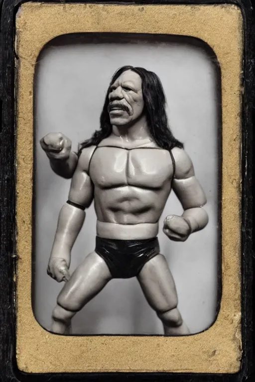 Prompt: daguerreotype of danny trejo as a 1 9 8 0 s wrestling action figure