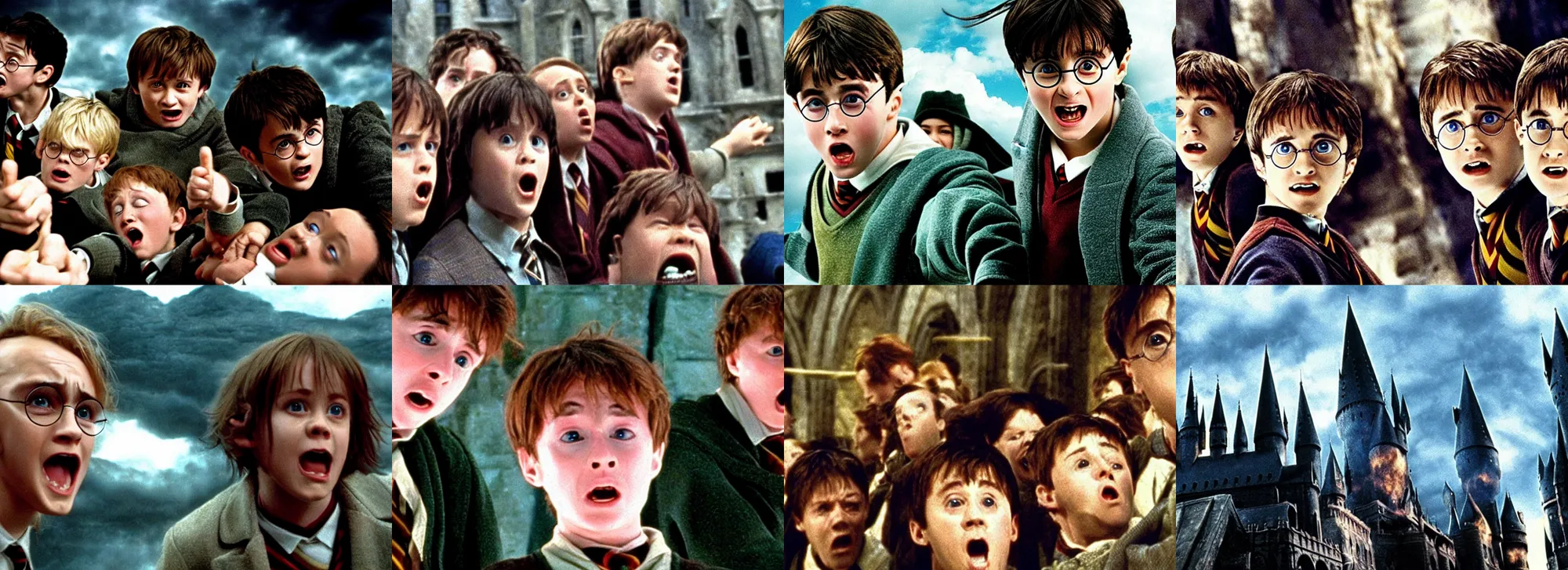 Prompt: Men look up at the sky, frightened, Scenes from ”Harry Potter(2000)”