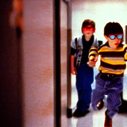 Prompt: film still from the 1995 movie 'Nerd Escape'. Exciting Escape scene. Sigma 85mm f/2.4