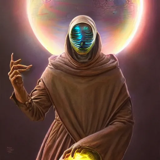 Image similar to masked nomad male wearing a cloak on an alien world and holding a holographic planet projection in his hand, detailed, sci - fi, digital painting, artstation, sharp focus, illustration, ominous, artgerm, tomasz alen kopera, peter mohrbacher, donato giancola, joseph christian leyendecker, wlop, frank frazetta