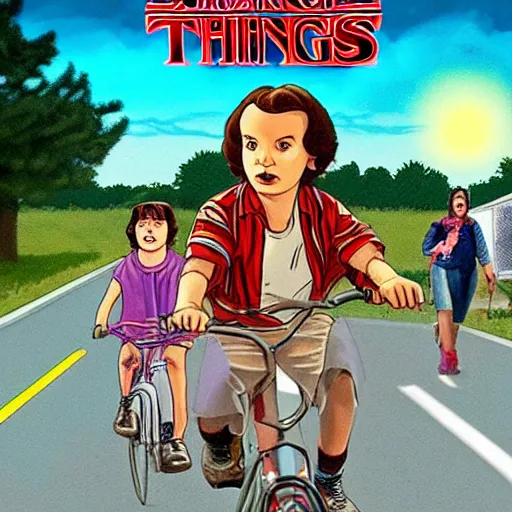 Prompt: stranger things cartoon series starring eleven and shrek