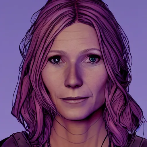 Image similar to gwyneth paltrow portrait, borderlands, tales from the borderlands, the wolf among us, comic, cinematic lighting, studio quality, 8 k