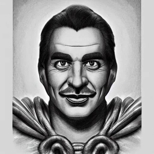 Image similar to a black and white pencil illustration portrait of super mario in the style of stanislaw szukalski