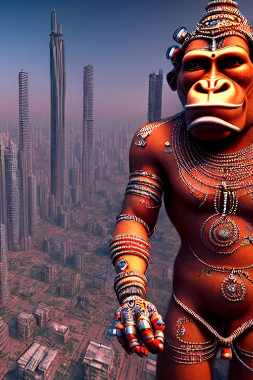 Prompt: high quality 3 d render hyperrealistic cyborg!! hanuman! madhubani, highly detailed, cyberpunk mumbai in the background, unreal engine cinematic smooth, in the style of solaris, hannah yata charlie immer, moody light, low angle, uhd 8 k, sharp focus