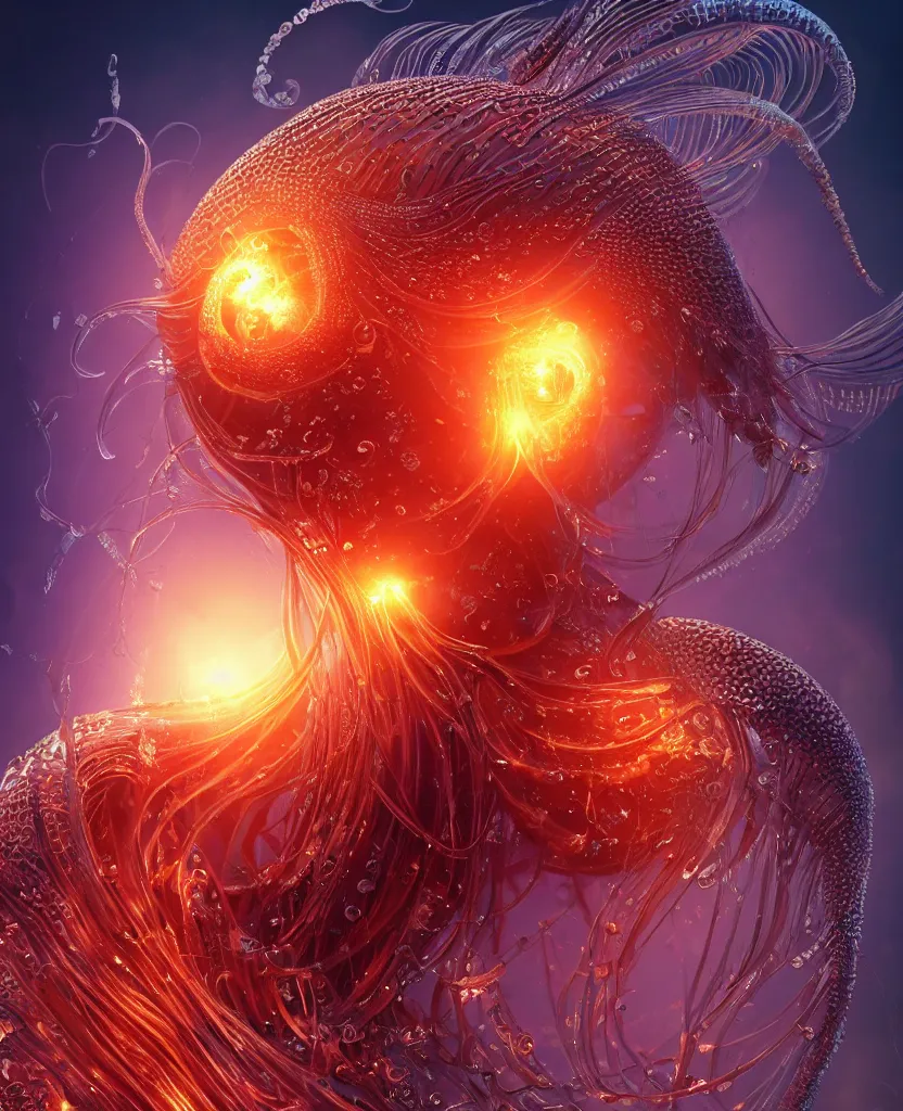 Image similar to close-up macro portrait of the face of a beautiful princess, epic angle and pose, symmetrical artwork, 3d with depth of field, blurred background, cybernetic jellyfish female face skull phoenix bird, translucent, nautilus, energy flows of water and fire. a highly detailed epic cinematic concept art CG render. made in Maya, Blender and Photoshop, octane render, excellent composition, cinematic dystopian brutalist atmosphere, dynamic dramatic cinematic lighting, aesthetic, very inspirational, arthouse. y Greg Rutkowski, Ilya Kuvshinov, WLOP, Stanley Artgerm Lau, Ruan Jia and Fenghua Zhong