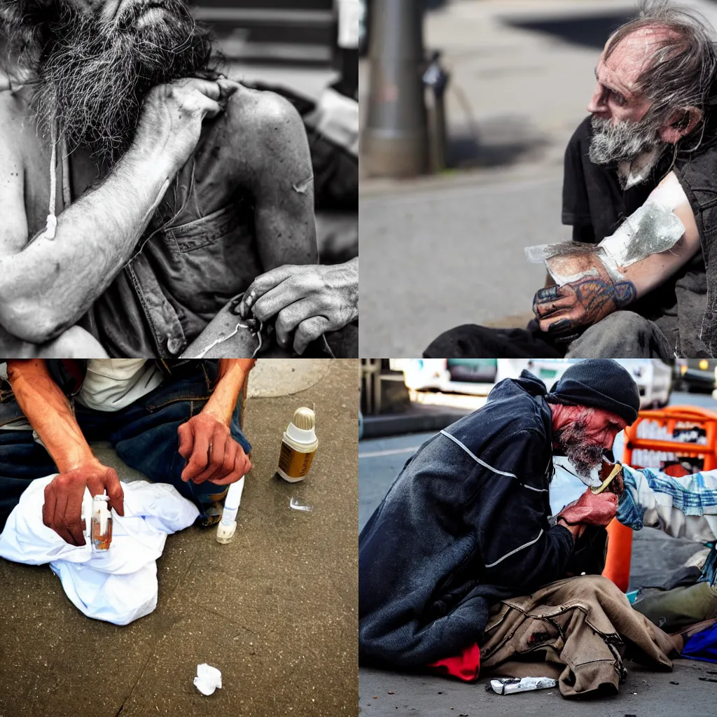 Prompt: homeless man injecting heroin into his arms