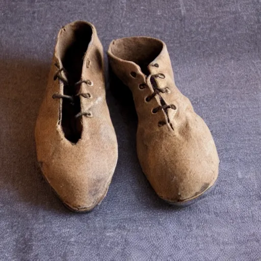 Image similar to medieval peasant shoes, product photo