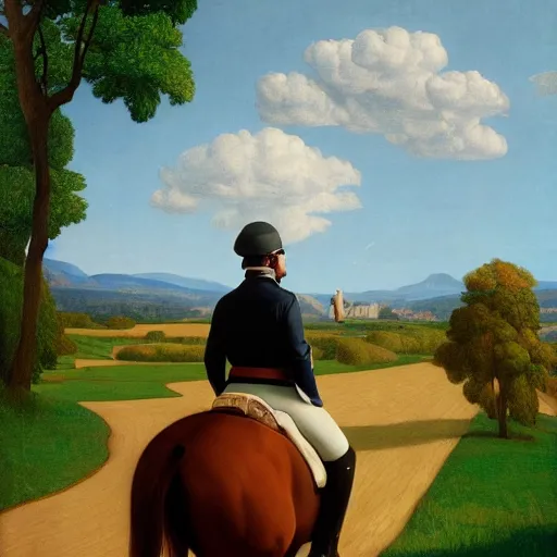 Prompt: a horse-riding-adventure by Raphael, Hopper, and Rene Magritte. detailed, romantic, enchanting, trending on artstation.