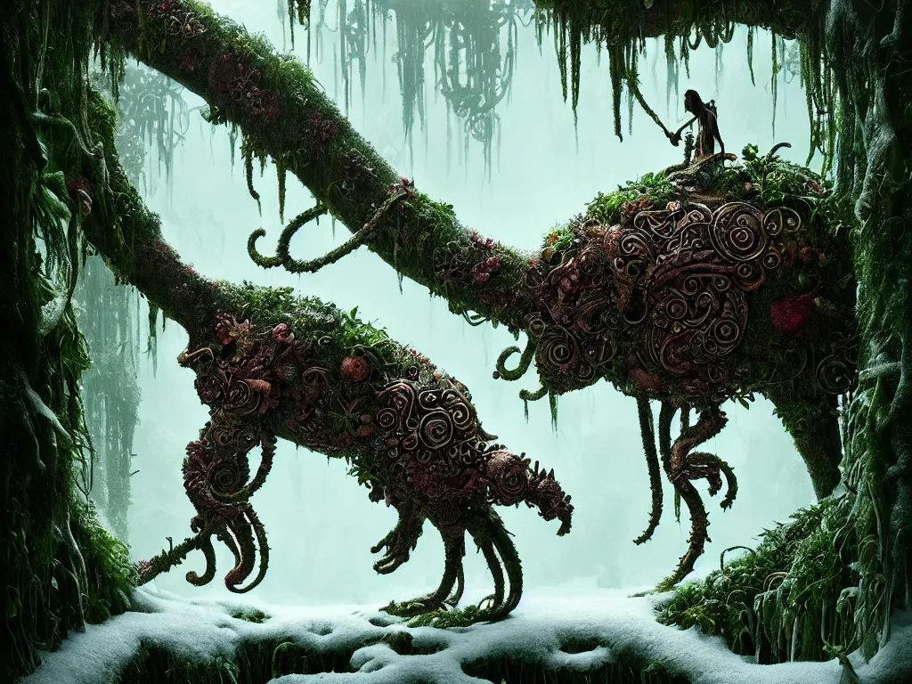 Image similar to creature in a lush trunda vegetation, snow snow :: by Michal Karcz, Daniel Merriam, Victo Ngai and Guillermo del toro :: ornate, dynamic, particulate, intricate, elegant, highly detailed, centered, artstation, smooth, sharp focus, octane render, 3d