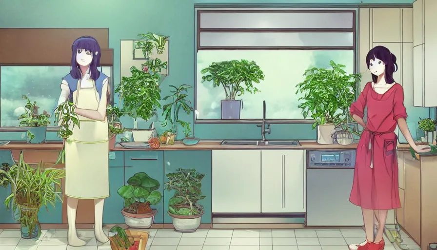 Image similar to a woman standing in a kitchen next to a plant that contains a small and thriving city, a storybook illustration by senbon umishima, pixiv contest winner, magic realism, pixiv, official art, anime aesthetic