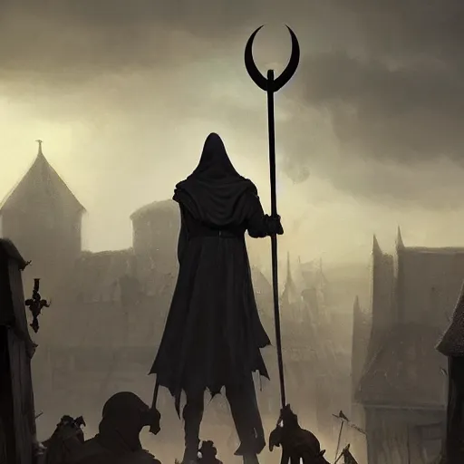 Prompt: Back view of the Grim Reaper with a large scythe standing in a medieval town at night, fantasy art, octane render, trending on artstation, art by greg rutkowski