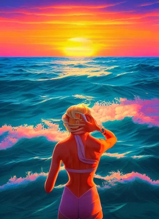 Prompt: ocean with a sunset, tristan eaton, victo ngai, artgerm, rhads, ross draws