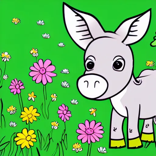 Prompt: cute cheerful donkey with his two ears and his trunk in a meadow, colouring - in sheet, concept design, character art, sharp focus, highly detailed, artstation