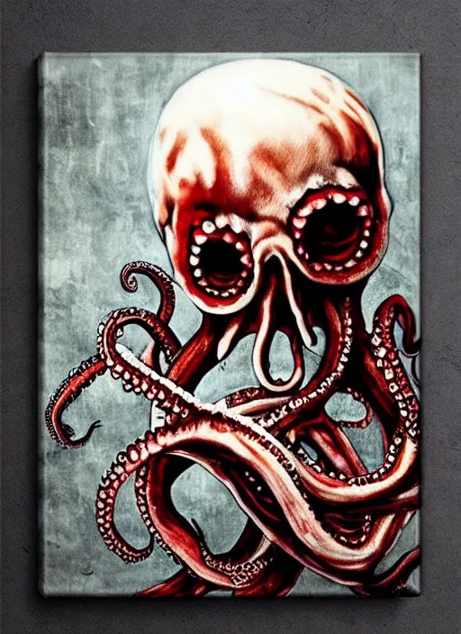 Prompt: Octopus ripping out dirty man's eye socket, octopus is violently exiting from the human skull, horror photography, 4k quality, highly detailed features, by Junji Ito, painted on bloody metal canvas