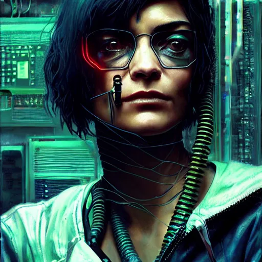 Image similar to shannyn sossamon as a cyberpunk cyber hacker, cybernetic implants, wires, cables, grunge grime, realistic shaded, fine details, realistic shaded lighting by occlusion shadow, intricate, bokeh, masterpiece, by ilya kuvshinov and jeremy lipking and quentin mabille