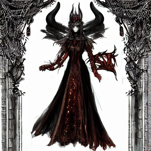 Image similar to Detailed Beautiful and symmetrical witch of fire wearing victorian dress and rusty crown, dark souls, concept art