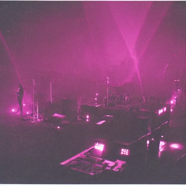 Image similar to concert stage, smoke machine, neon pink light, light beams, synthesizers and other instruments, dark silhouettes of band, seen from afar, 1 9 9 0 s album cover, superimposed images of woodwork tools, grainy