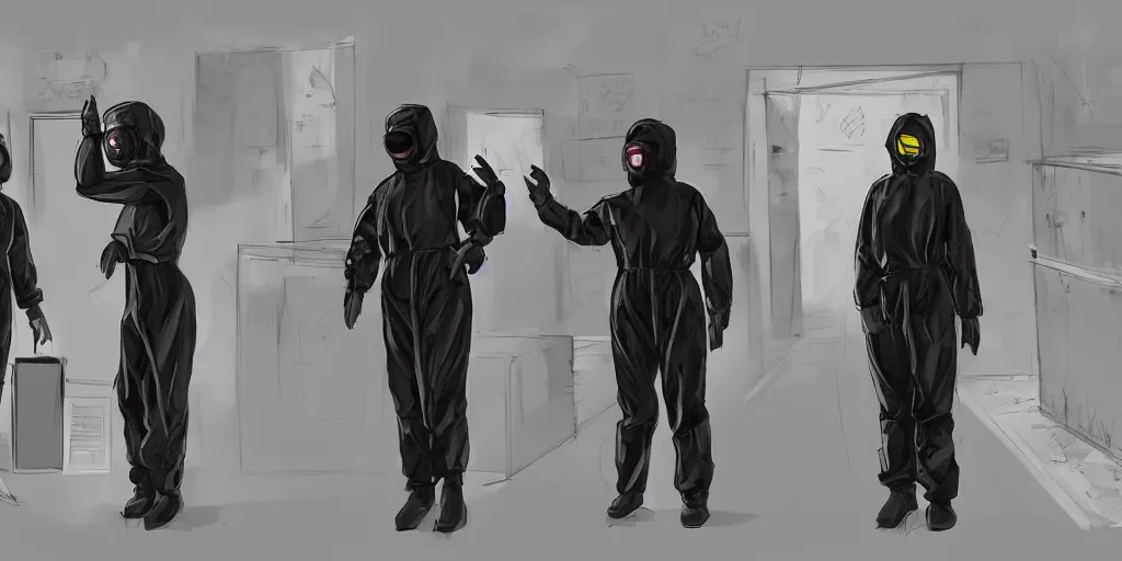 Prompt: woman wearing all black has shootout with staff, staff wearing hazmat suits, underground lab, sterile, unknown location, birds eye view, epic, light and shadows, concept art