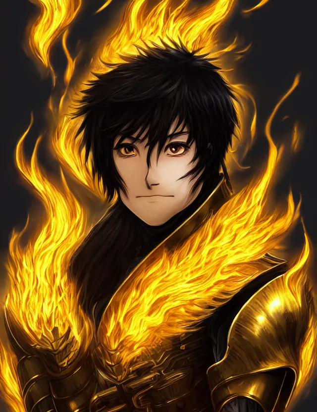 Image similar to a detailed manga portrait of a black haired man with hazel eyes in gleaming golden armour that burns with golden fire, trending on artstation, digital art, 4 k resolution, detailed, high quality, sharp focus, hq artwork, coherent, insane detail, character portrait