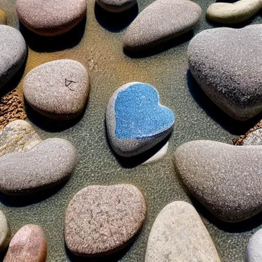 Prompt: sea shore of a pebble beach, pebbles are shaped like hearts, mate colors, sunny day, award winning photography, 4K
