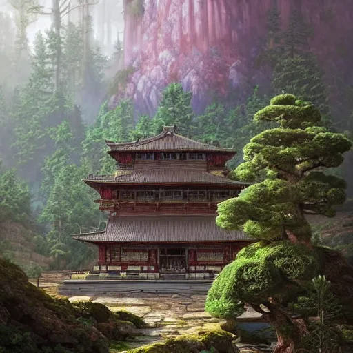 Prompt: A beautiful hyper realistic detailed matte painting of a bonsai tree shaped temple nestled in forest mountains by John Howe and Albert Bierstadt and Alena Aenami and dan mumford and dave noton, unreal engine, trending on behance