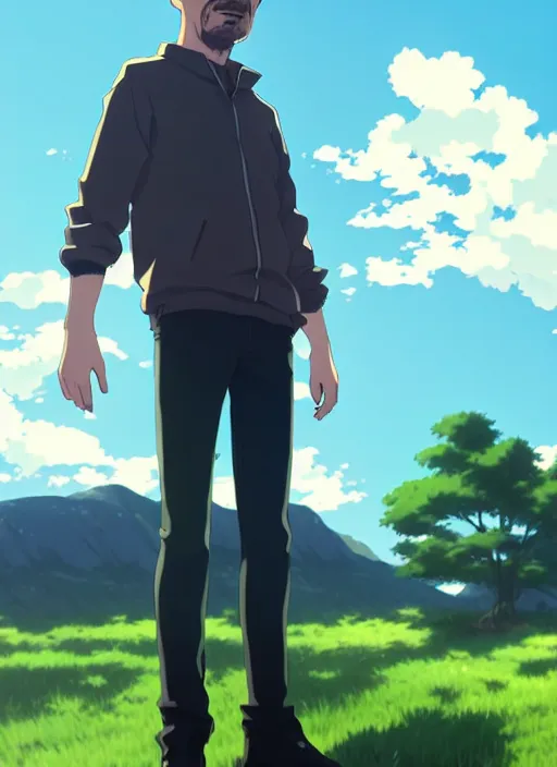 Image similar to walter white, anime style, countryside, calm, fantasy character portrait, dark outlines, dynamic pose, above view, sunny day, artwork by Makoto Shinkai, very coherent asymmetrical artwork, sharp edges, perfect face, simple form, 100mm