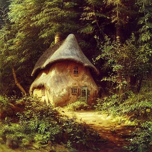 Image similar to small cottage in the forest by ivan shishkin, oil on canvas, highly detailed, whimsical, fantasy