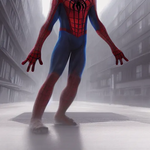 Prompt: moody atmospheric render of an spiderman wearing shorts and sandals by leon tukker