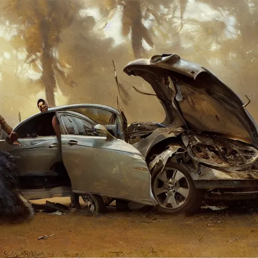 Image similar to comedian tom segura laughing at a car crash, highly detailed painting by gaston bussiere, craig mullins, j. c. leyendecker 8 k