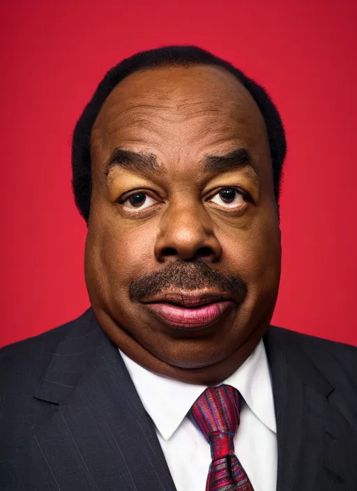Image similar to ( ( ( portrait of leslie david baker as stanley hudson of the office television series ) ) ) by igor kazarin, head to waist, light coming from the right side, red background,