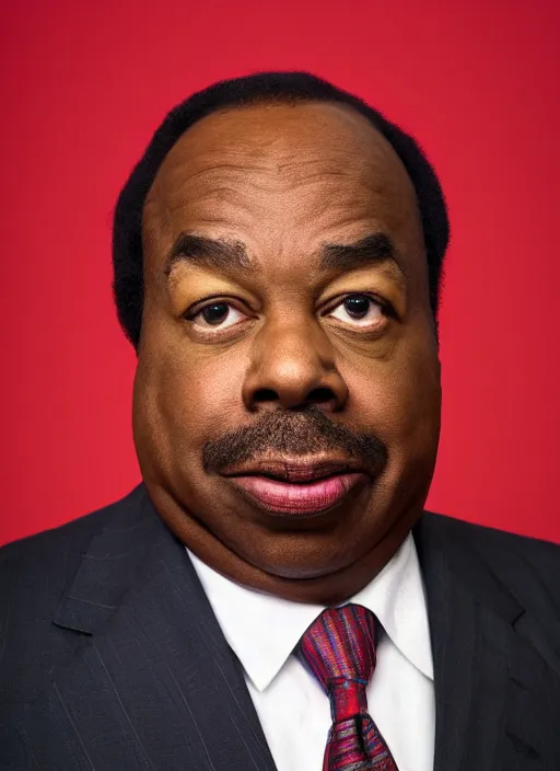 Prompt: ( ( ( portrait of leslie david baker as stanley hudson of the office television series ) ) ) by igor kazarin, head to waist, light coming from the right side, red background,