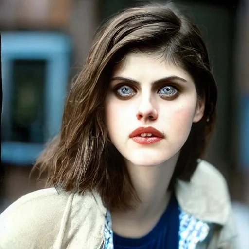 Prompt: closeup portrait of alexandra daddario in a smoky new york back street, photograph, natural light, magazine, press, photo, Steve McCurry, David Lazar