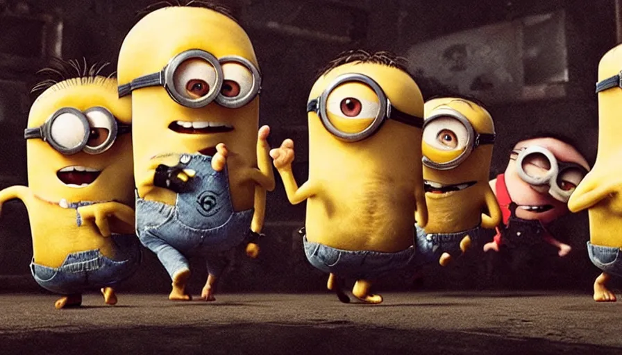 Image similar to fight club!!!!, fight club!!!! (((the minions))), movie still, directed by David fincher