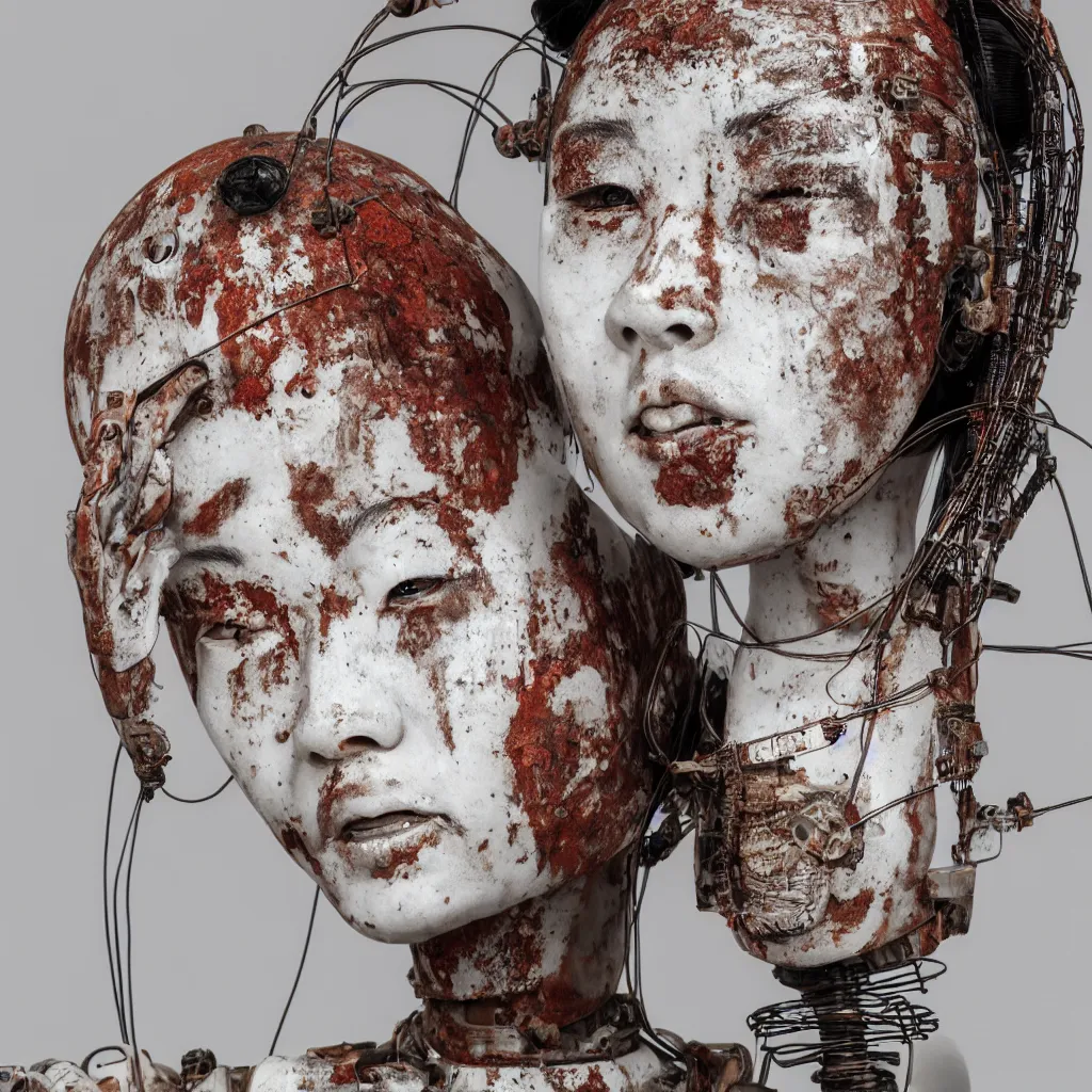 Prompt: portrait of a slightly rusty, beaten - up japanese robotic geisha with wires and actuators, porcelain white face, dramatic lighting, hyper - realistic, ultra - realistic, intricate details, 8 k ultra high definition, digital art