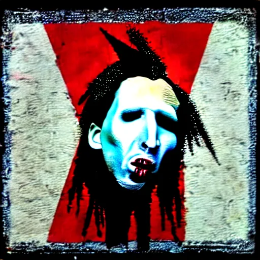 Image similar to painting on a badge!!!!, photo of a marilyn manson, punks not dead!!!!, exploited!!, clash, junk yard, rats!!, god save the queen!!!, punk rock album cover art style, grunge, no future!!!!, glitch effect